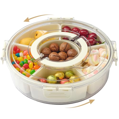 Neuytiky Snack Box Ronde,Boîte à Goûter Avec Compartiments,Plateau de Service Divisé Avec Couvercle et Poignée,Bol à Collation Rotatif,Pour Collations,Noix,Fruits