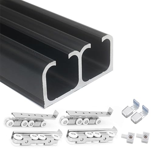 Kit de riel para puerta corredera resistente para 2 puertas, herrajes extralargos de 120 cm con sistema de cierre suave para armarios de patio, doble riel invisible (negro)