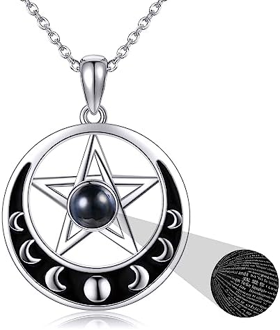URONE Pentagram Necklace Sterling Silver Crescent Moon Pentacle Moonstone/100 Languages/Abalone Shell Pendant Wiccan Jewellery Gifts for Women Girls