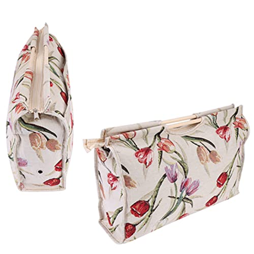 Image of Jeanoko 1pc Knitting Bag Yarn Storage Bag Practical Wood Handle Woven Fabric Storage Bag for Knitting Needles Sewing Tools(Rose Jacquard)