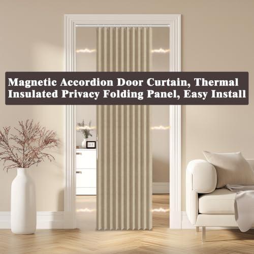 Image of AJAZZ Blackout Magnetic Door Curtain Accordion Doors Interior Closet Door Curtain Invisible Applicable Bedroom Room Living Room Doorway（Brown 52 inch W x 78 inch L 1 Panel