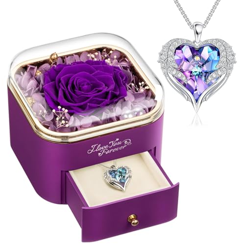 Preserved Real Purple Rose with Angle Wings Necklace, Forever Flo...