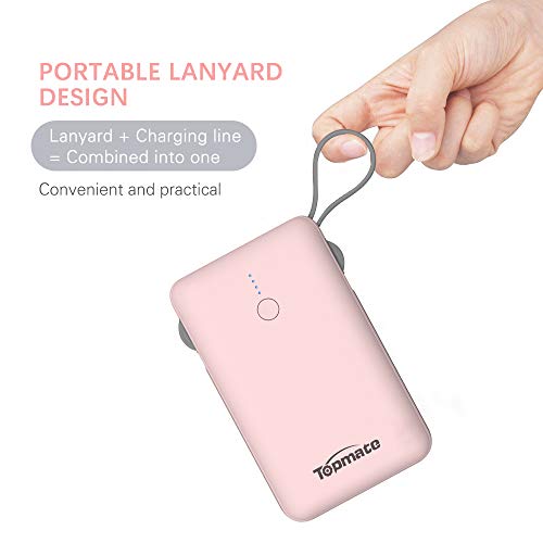 Power Bank Topmate 10000mAh Portable Charger with Built-in Type-C Micro & iOS Cable as Lanyard | Artifice Design for Cellphone and Pad etc. |Pink