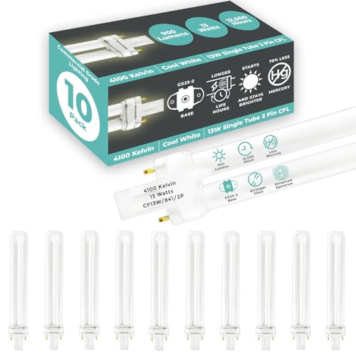 GoodBulb 13W GX23 CFL Bulbs, 4100K Cool White, 800 lumens, 2-pin plug-in, 10 pack