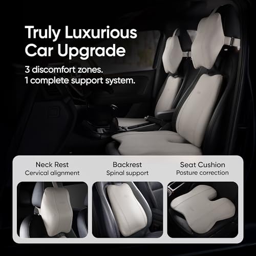 Image of Frido Premium Car Comfort Bundle with Memory Foam Neck Rest, Lumbar Backrest and Wedge Seat Cushion Set of 3, Ergonomic Neck Back and Tailbone Support for Long Drives and Daily Commutes | Ivory