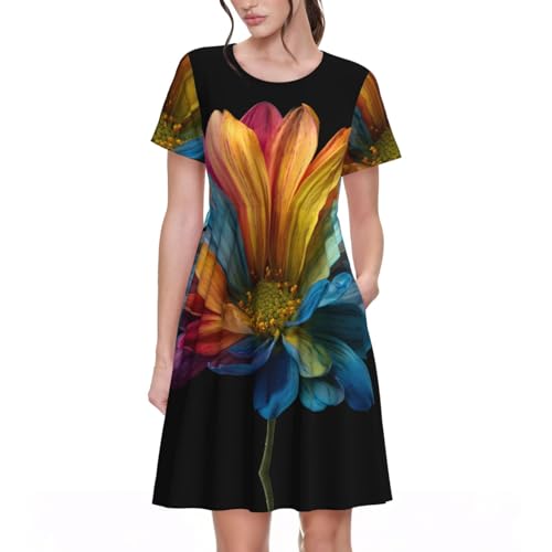 Multi-Color Daisy Print Women's Short Sleeve Pleated Loose Swing Casual Dress