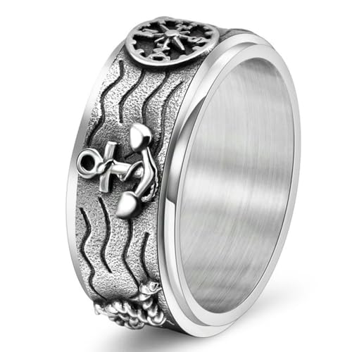 Bague acier inoxydable homme vintage boussole de pirate rotative et anneau punk pour festival.