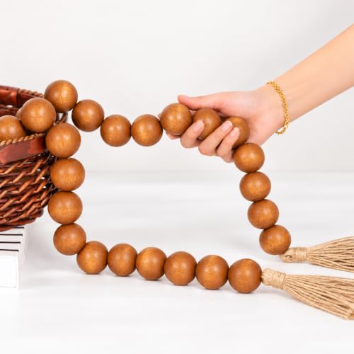 OMISHE 76" Long Extra Large Wood Bead Garland with 1.6" Diameter Wooden Beads and Tassels, Rustic Farmhouse Country Decorative Beads for Home Tiered Tray Decor, Brown