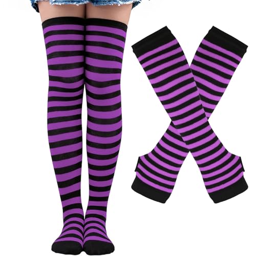 Image of Black and White Striped Arm Leg Warmers Sleeves Set Rainbow Socks Knee High Fingerless Gloves Hand Thigh Warm