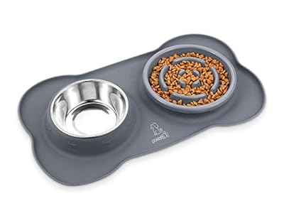 pecute 3-in-1 Slow Eating Dog Bowls with Non Slip Mat - Safe Silicone Interactive Fun Slow Feeders for Dogs - Stainless Steel Bowls Non Spill Mats Tray - Great for Dogs Cats Slow Feeding(M?Grey)
