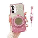 Nuouxoco for Samsung Galaxy A15 5G Case with Lanyard Strap Glitter Bling Makeup Mirror Cover Luxury Plating Magnetic Holder Stand Girls Soft TPU Protection Cover for Galaxy A15 5G Case - Rose Gold