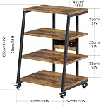 4-Tier AV Media Stand with Power Strips, Wooden Media Console with LED Lights, Wheels, Height Adjustable Rolling Audio Cabinet Rack Tower Stereo Rack for Gaming Consoles/DVD Player/Amplifier/Cable Box | Turntable Table with Wheels & LED Lights, Stere