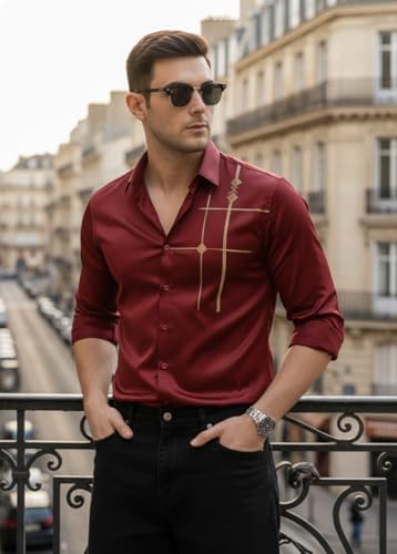 Image of IndoPrimo Men's Premium Satin Shirt for Party, Formal and Casual Wear - Stylish Designer Full Sleeve Shirt for Men