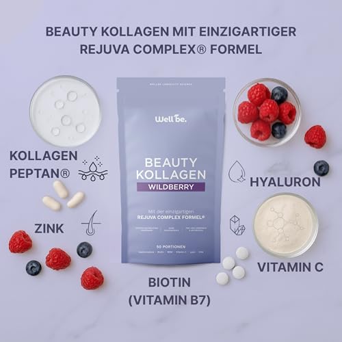 Wellbe Kollagen Pulver Wildberry - hochdosiert mit maximal bioaktivem Kollagen Hydrolysat, Biotin, Zink, Vitamin C & Hyaluron - Collagen Pulver - Kollagenpulver Peptide Made in Germany 3