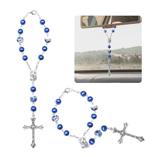 2PCS Car Rearview Mirror Charms, Interior Pendant Decorations with Medal and Cross, Hanging Accessories for Women and Men (Blue Pearls)