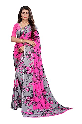 Peegli Saree Indian Floral Saree Women's Georgette Sari 6 Yd with Blouse Piece Beloved Sister Gifts, Hot Pink and Steel Grey, M-NSIAMPM-HEMAXI PINK
