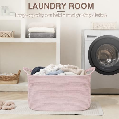 YOUDENOVA Large Blanket Basket, Rectangle Cotton Rope Storage Basket, Pink — view 5