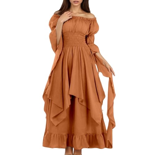 Ropa medieval para mujer, vestido gótico medieval para mujer, elegante disfraz de cosplay, Halloween, vestido de bruja, traje de rendimiento histórico espada larp medieval (naranja, XXL)