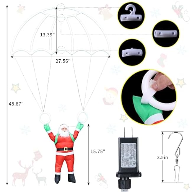Toodour Christmas Decorations Lights Outdoor, 2.8FT Christmas Parachute Lights with Santa Claus, Waterproof 8 Modes Hanging Warm White Xmas Light - Holiday Decorative Light for Indoor Eave Roof