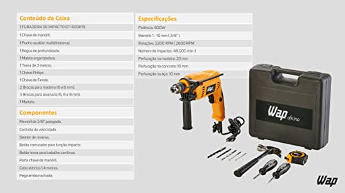 WAP Furadeira Elétrica De Impacto Efi 600K10 600W Mandril 3/8” 127V Maleta E Acessórios Trena Chaves
