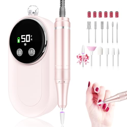 50000 RPM Nail Drill Professional, Rechargeable Cordless Electric Nail Kit with Bits & Anti-Slip Back Pad, Portable for Acrylic/Gel Removal & Faster Shaping, Manicure & Pedicure, Home/Salon