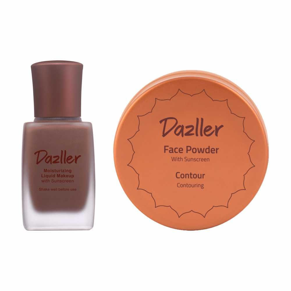 Dazller Face Combi Pack (Contour) : Moisturizing Liquid Makeup (Tinted Finish), 27mL + Face Powder (Soft Finish), 30g, Lightweight, with Added Sunscreen, Skin-Friendly Ingredients, Paraben-Free, 100% Vegan, Perfect Everyday Wear