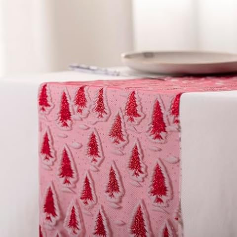 WELTRXE Red Table Runner with 3D Glitter Christmas Tree, Christmas Runner for Table 11 Inch x 16 Feet, Winter Snow Table Runner Roll, Seasonal Christmas Winter Holiday Decor, Dining Table Decor Cover