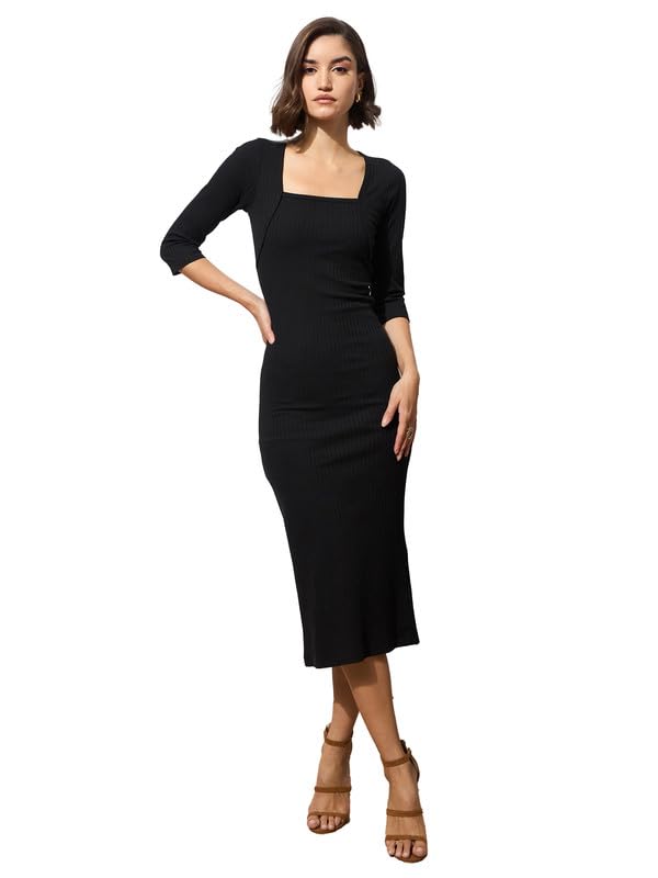 Image of barcino Black Rib Square Neck Sticth Detail Midi Dress