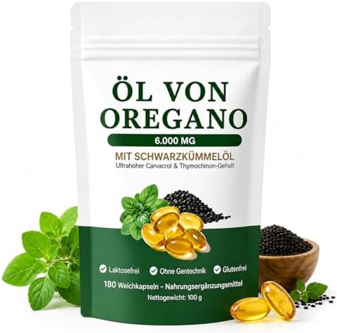 Oregano Öl Kapseln 6000 mg – 180 Softgels – 2-in-1 Oregano & Schwarzkümmelöl Kapseln – Oil of Oregano, Vegan, GMO-, Laktose- & Glutenfrei – Unterstützt Immunsystem