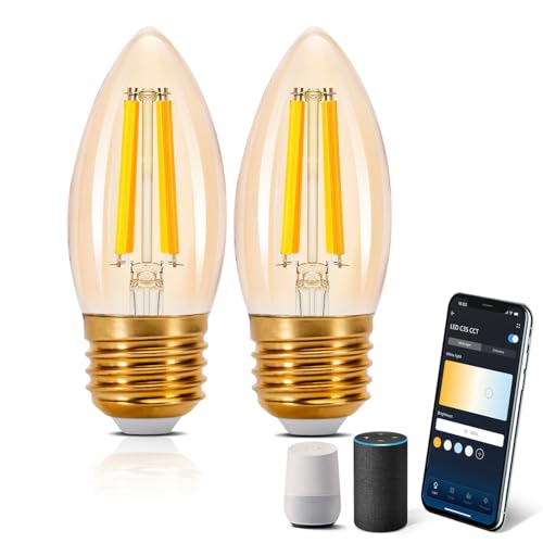 Aigostar Lampadine WiFi Alexa E27 Smart Lampadina Edison C35 4.5W 470lm Lampadine Smart Retrò Dimmerabile 2700K-6500K bianco freddo caldo, Compatibile Con Alexa, Google Home, ámbar 2 pezzi