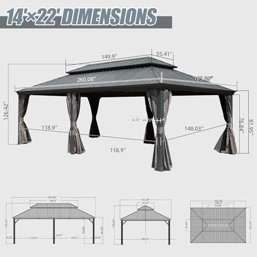 Domi 14' X 22' Hardtop Gazebo Outdoor Metal Gazebo Canopy with Galvanized Steel Double Roof, Aluminum Frame, Curtains and Netting for Patio, Deck, Garden, Grey - Image 8