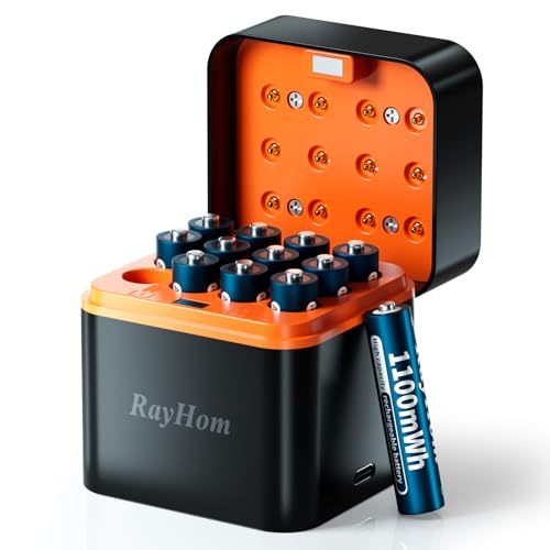 RayHom 12-Pack Rechargeable Lithium AAA Batteries with Charger, 1.5V Constant Output, 1100mWh High Capacity, 12-Slot Triple AAA Li-ion Charger with Smart Charging, Multiple Charging Protections