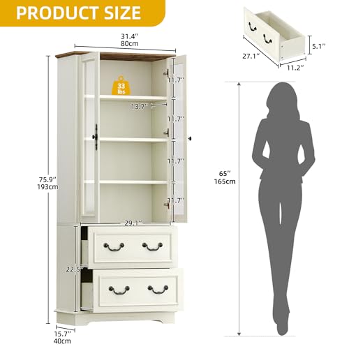 DWVO 76" Kitchen Pantry Storage Cabinet, Freestanding Display Cabinets with Glass Doors & Adjustable Shelves & Drawers, Tall Farmhouse Cupboard for Dining Room, Living Room, Bathroom, White Walnut