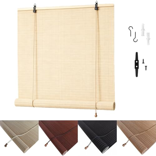 Estor Enrollable De Bambú Natural, Sombra 50% Persiana Veneciana De Madera Tejida A Mano, Persianas Romanas Traspirantes con Elevador, para Puertas Y Ventanas Balcón Terraza(Natural,W80xH220cm)