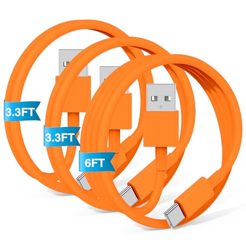 Image of 3-Pack Orange [3.3FT+3.3FT+6FT] USB A to USB C Cable，USB to USB C Cable，Car Carplay Cable for iPhone 17 16 15 Pro Plus Pro Max Air，for Galaxy S25, for iPad, for MacBook and More