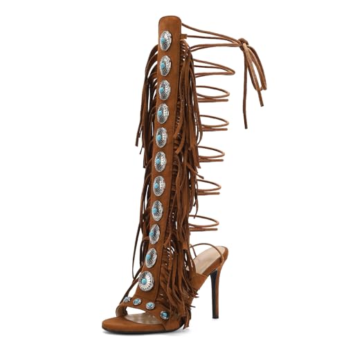 FancyQueen Brown Gladiator Heels Knee High Heels for Women Open Toe Stiletto Suede Fringe Boots Lace up Strappy Peep Toe High Sandal