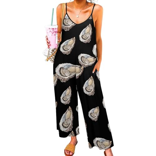 Image of Seafood Oyster Loose Jumpsuits for Women One Piece Long Sleeve V-neck Long Pant Rompers with Pockets XL