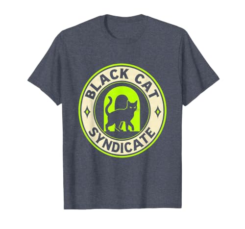 Black Cat Syndicate Horror Cat Mom Halloween Parody Humor T-Shirt, Men, Heather Blue, Small