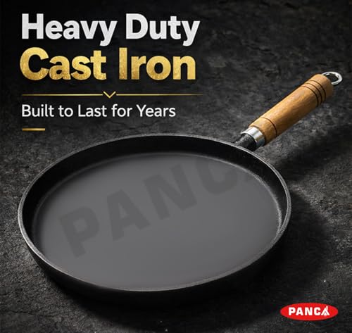 Image of PANCA Cast Iron Tawa 24cm Pre-Seasoned - Non Stick Iron Tawa for Roti, Dosa, Chapati | Induction & Gas Compatible Flat with Wooden Handle | Heavy Duty Cast Iron Cookware (Flat Tawa)