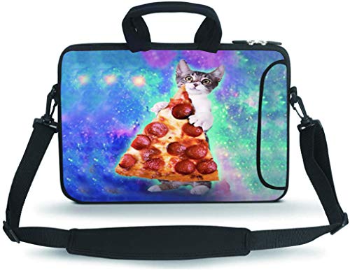 14 15 15.4 15.6 inch Laptop Shoulder Bag Messenger Bag Case Notebook Handle Sleeve Neoprene Soft Carrying Tablet Travel Case with Adjustable Shoulder Strap & External Side Pocket(Cat & Pizza)