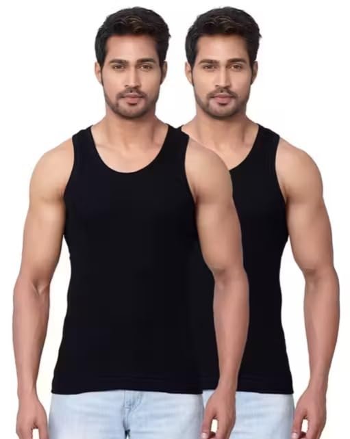 Men's Sleeveless Vest, Black, Pack of 2, Casual Inner Wear Tank Top-image-33