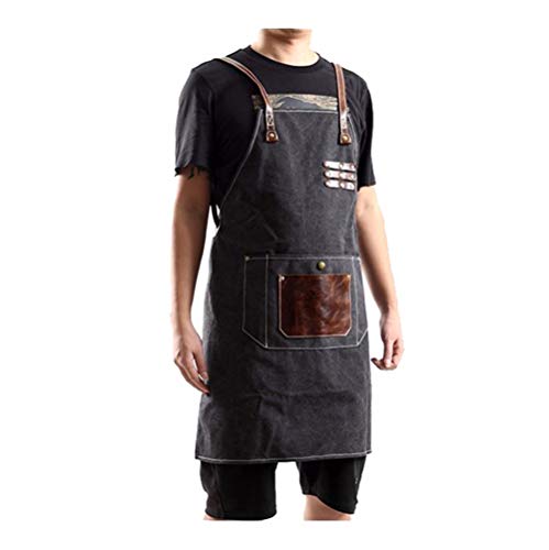YJKJ Delantal De Trabajo, Delantal De Protección, Retro Lona Lavada | Correa Cruzada Ajustable | Delantal De Tienda Multiusos con Bolsillo para Herramientas,Negro