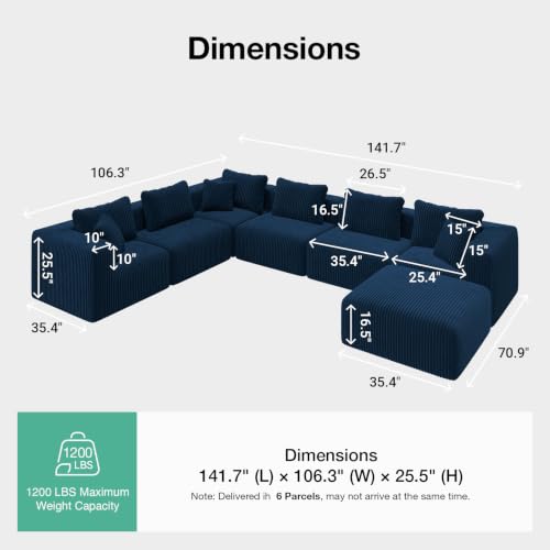 Image of Novilla 141 inch Modular Sectional Sofa, U Shape Sectional Couch, Modern Cloud Design with Smarts Coil Support, Boneless Couch for Large Living Room Apartment, No Assembly Required, Blue