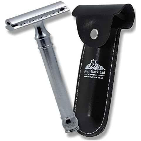 Classic Double Edge Safety Razor | Stylish Comfartable Black Coated Handle | Stainless Steel | Men Shaving Razor Comes in Leather Pouch Cover