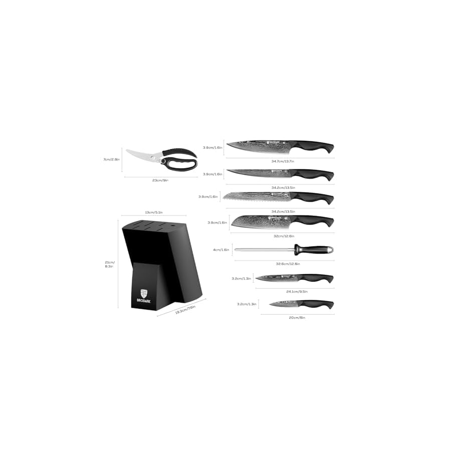 BRODARK Knife Set, Damascus Kitchen Knife Set with Block, 9 Pieces Sharp Professional Japanese Chef Knives with Ergonomic Full-Tang ABS Handle for Home, Restaurant -Christmas Gift, Dark Horse Series