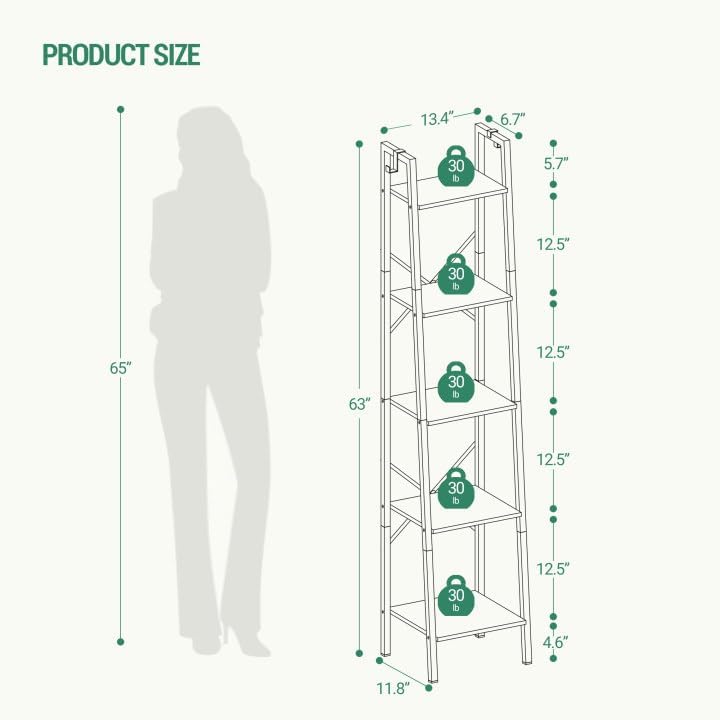 Ladder Shelf, Bookshelf Bookcase, Freestanding Corner Storage Shelve with 2 Hooks for Home Office, Living Room, Kitchen, Bedroom, Industrial, 5-Tier Greige BC03205B Greige 11.8"D x 13.4"W x 63"H image 2 of 9 B0CB5KLWQ9