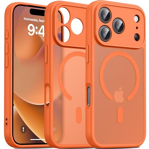 Image of Oterkin Magnetic Case for iPhone 17 Pro Max, Orange | Matte Frosted Translucent, Full Camera Protection, Compatible with MagSafe, Military Grade Shockproof, Slim Fit