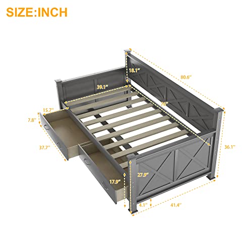 Livinest Wooden Twin Size Daybed - Storage Drawers Platform Wood Sofa Day Beds - Headboard And Solid Frames Modern Trundle Couch Bed Furniture For Bedroom Living Room Gray #TOP1