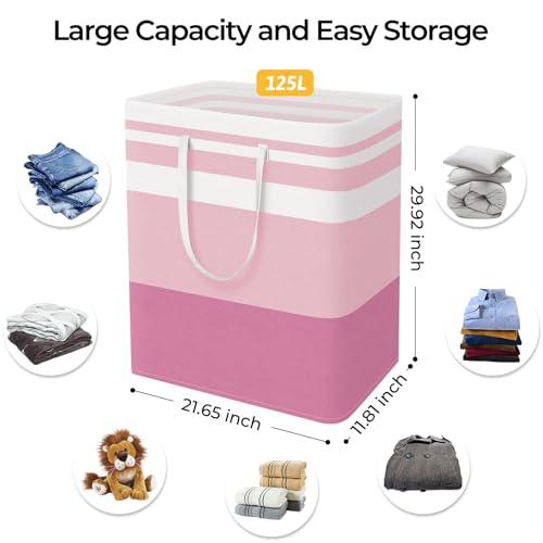 HomeHacks 2 Pack Large Laundry Baskets, Waterproof, Freestanding Laundry Hampers, Collapsible Clothes Hamper with Reinforced Handles in Laundry, College Dorm, Bathroom, Bedroom (Blue+Pink, 125Lx2)