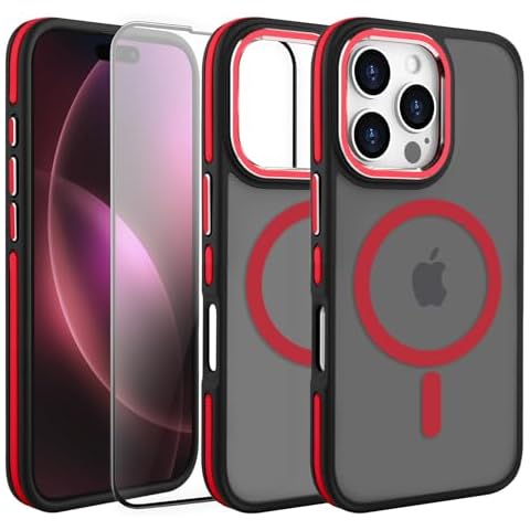 AIGOMARA Magnetic for iPhone 16 Pro Case, [Compatible with Magsafe] [Military-Grade Protection] Slim Shockproof Translucent Matte Protective Case for iPhone 16 Pro 6.3 Inch, Black/Red Cover
